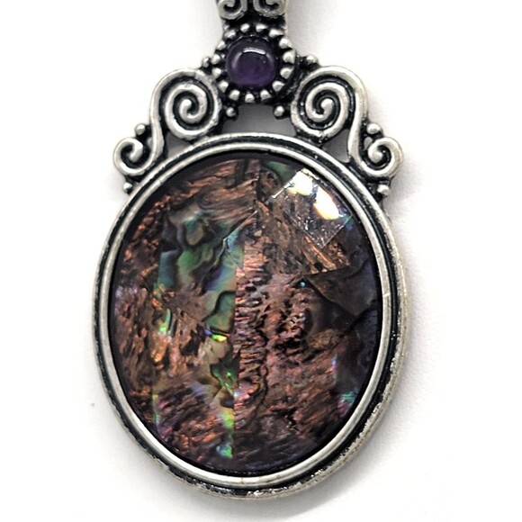 Kenneth Cole Abalone Shell Necklace Earrings Set Silver Tone Metal Swirl Ornate - Picture 9 of 17